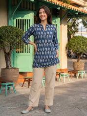 Indigo Geometric Leaf Print Cotton Short Kurti