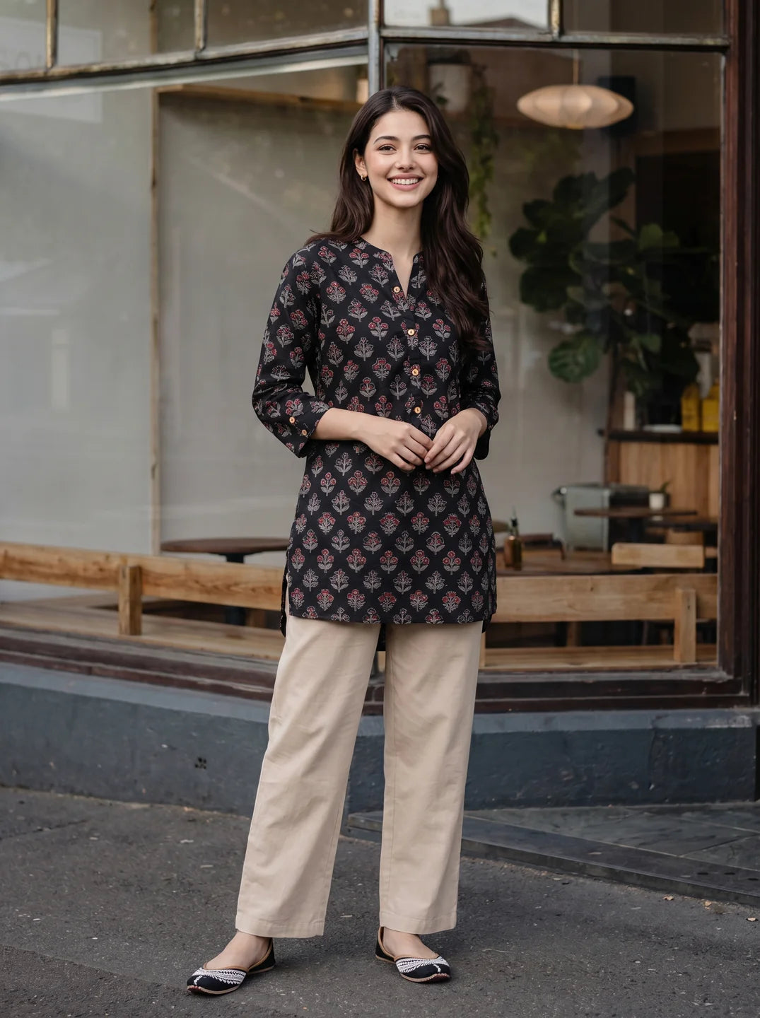 Black Floral Motif Print Cotton Short Kurti