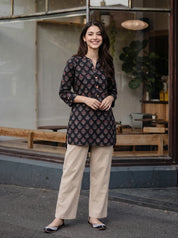 Black Floral Motif Print Cotton Short Kurti
