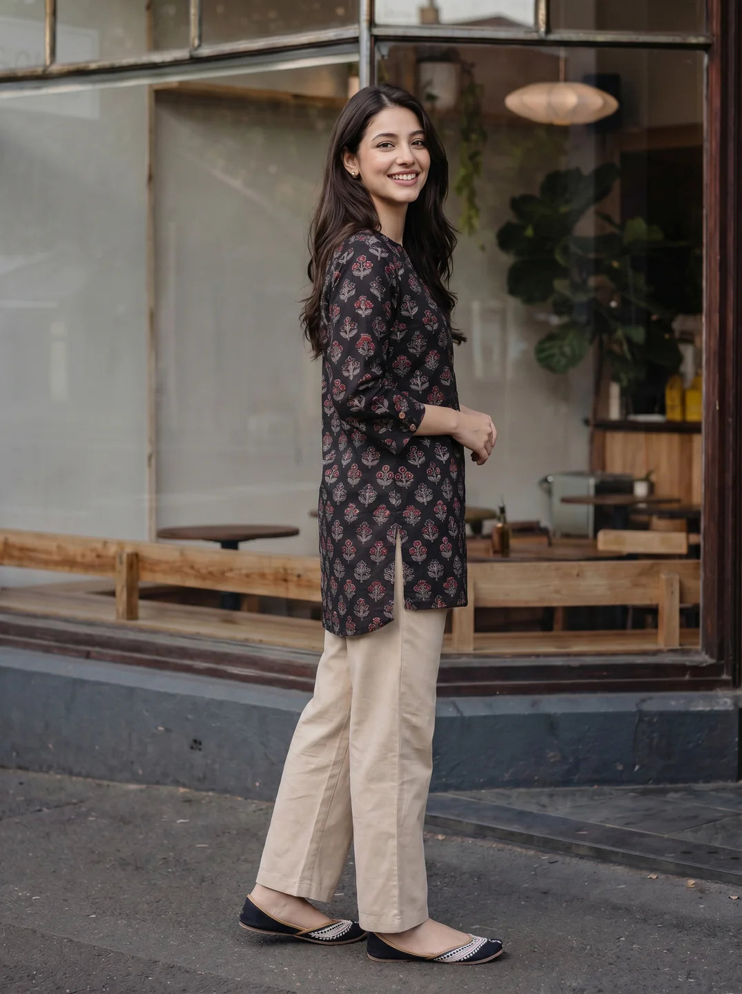 Black Floral Motif Print Cotton Short Kurti