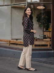 Black Floral Motif Print Cotton Short Kurti