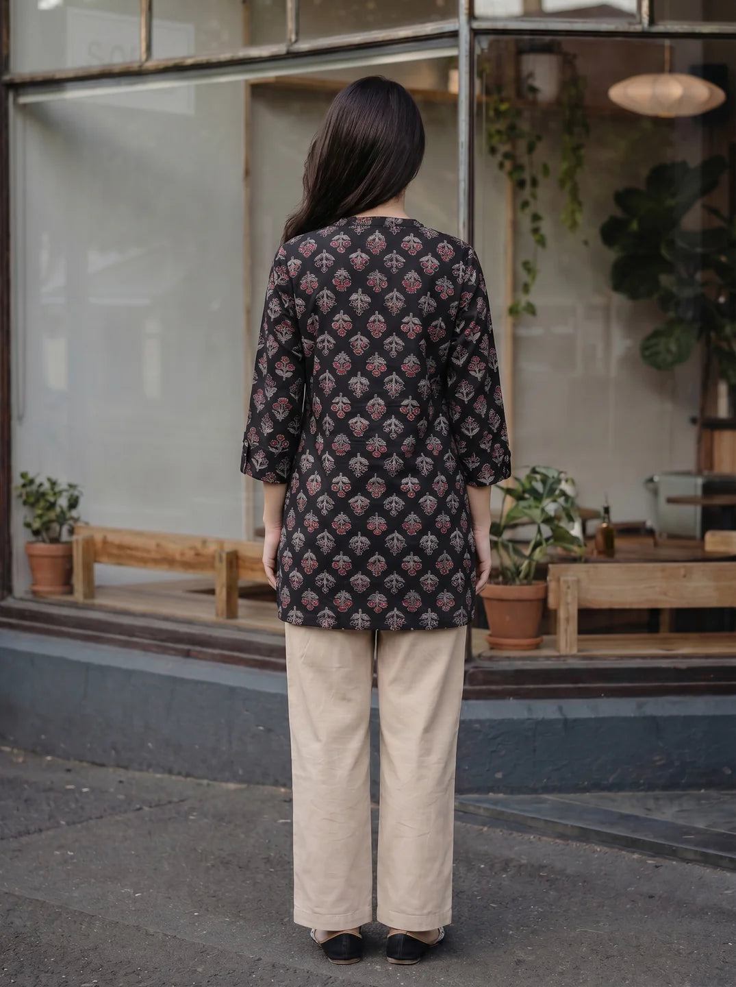 Black Floral Motif Print Cotton Short Kurti