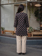 Black Floral Motif Print Cotton Short Kurti
