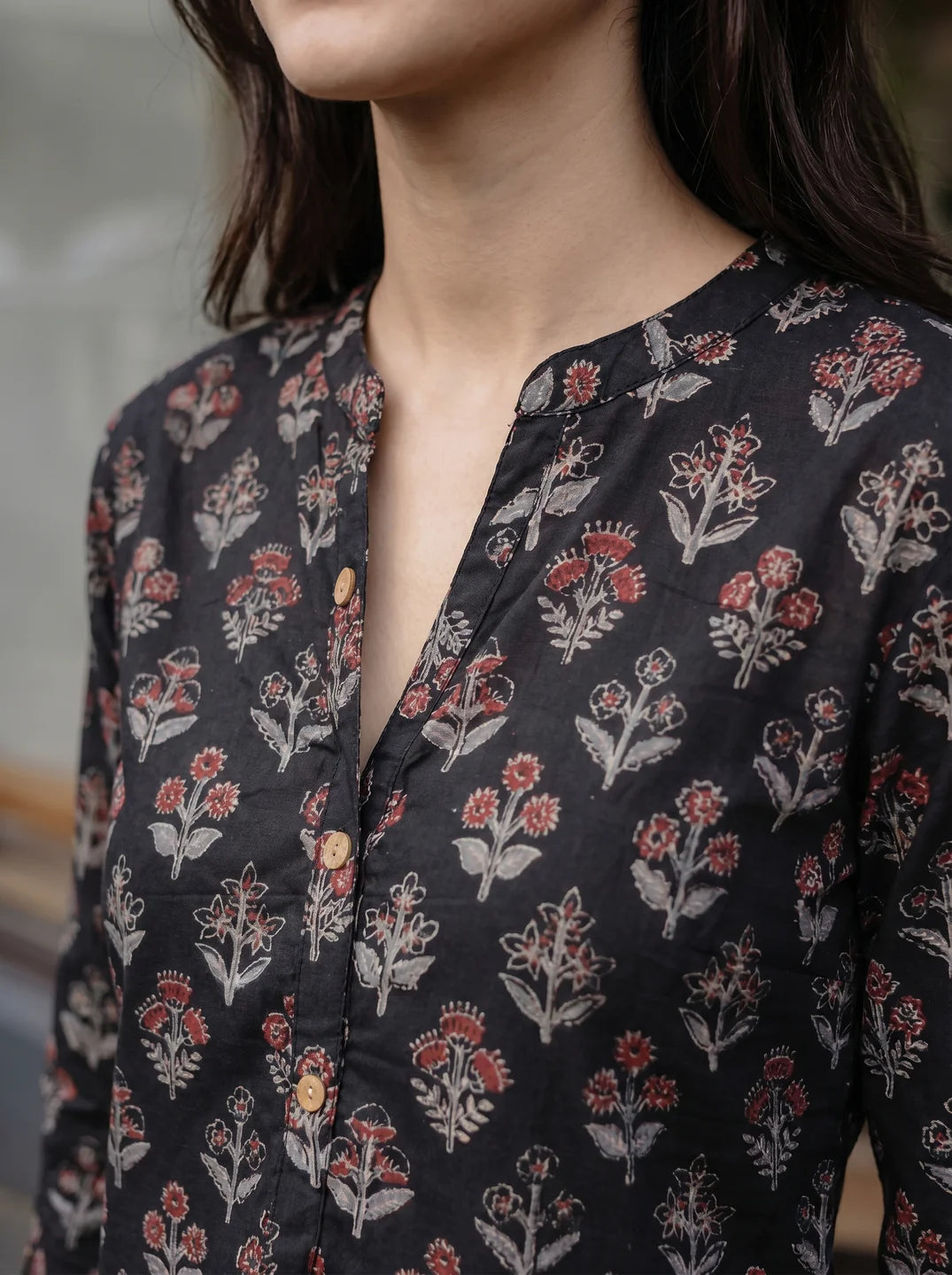 Black Floral Motif Print Cotton Short Kurti