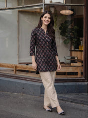 Black Floral Motif Print Cotton Short Kurti