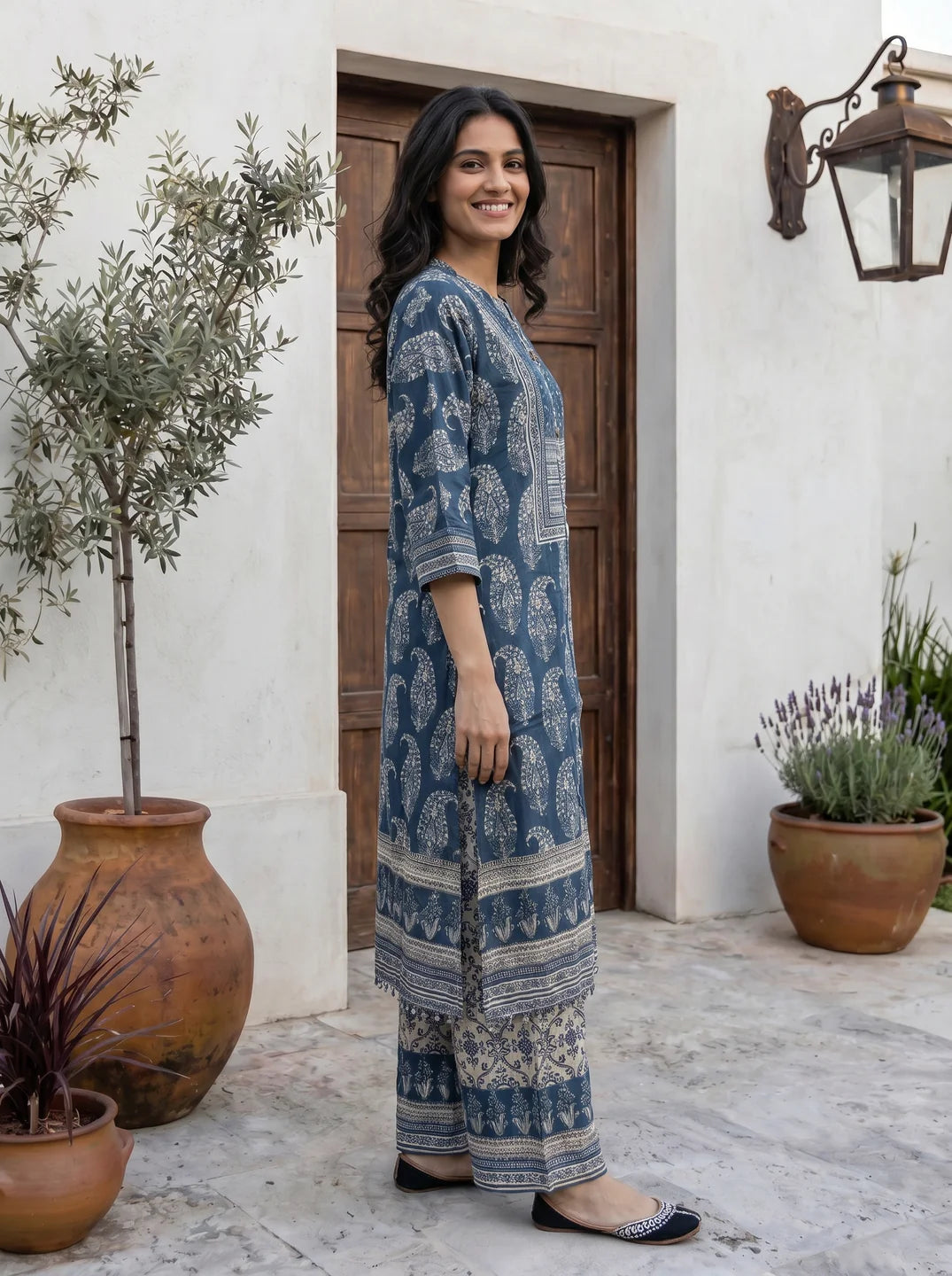 Indigo Paisley Mandarin Collar Viscose Kurta Set