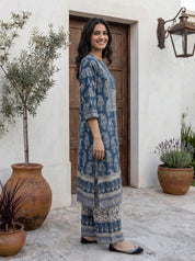 Indigo Paisley Mandarin Collar Viscose Kurta Set