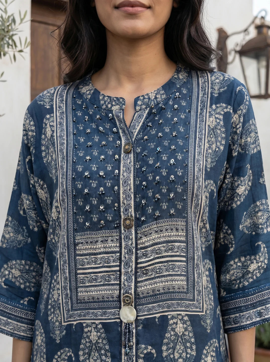 Indigo Paisley Mandarin Collar Viscose Kurta Set