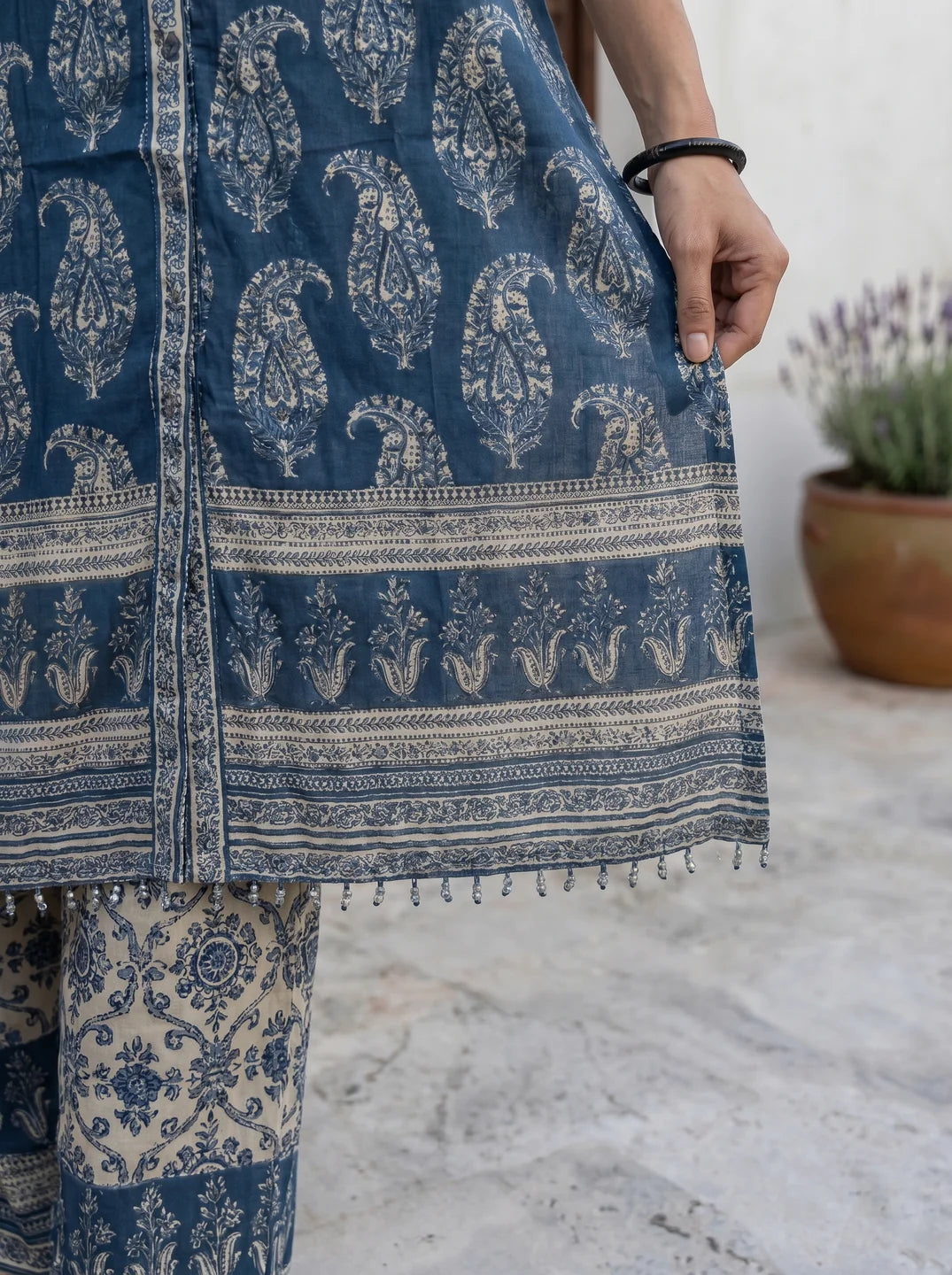 Indigo Paisley Mandarin Collar Viscose Kurta Set