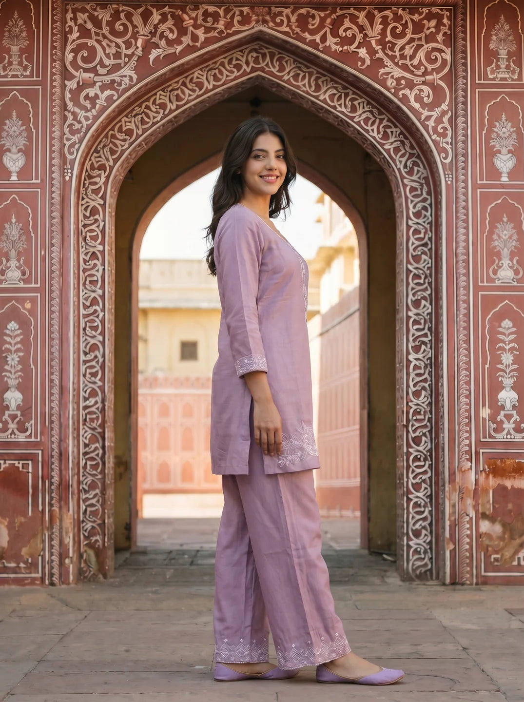 Lavender Beaded Embroidered Silk Blend Co-ord Set