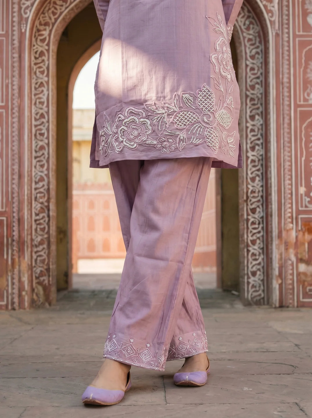 Lavender Beaded Embroidered Silk Blend Co-ord Set