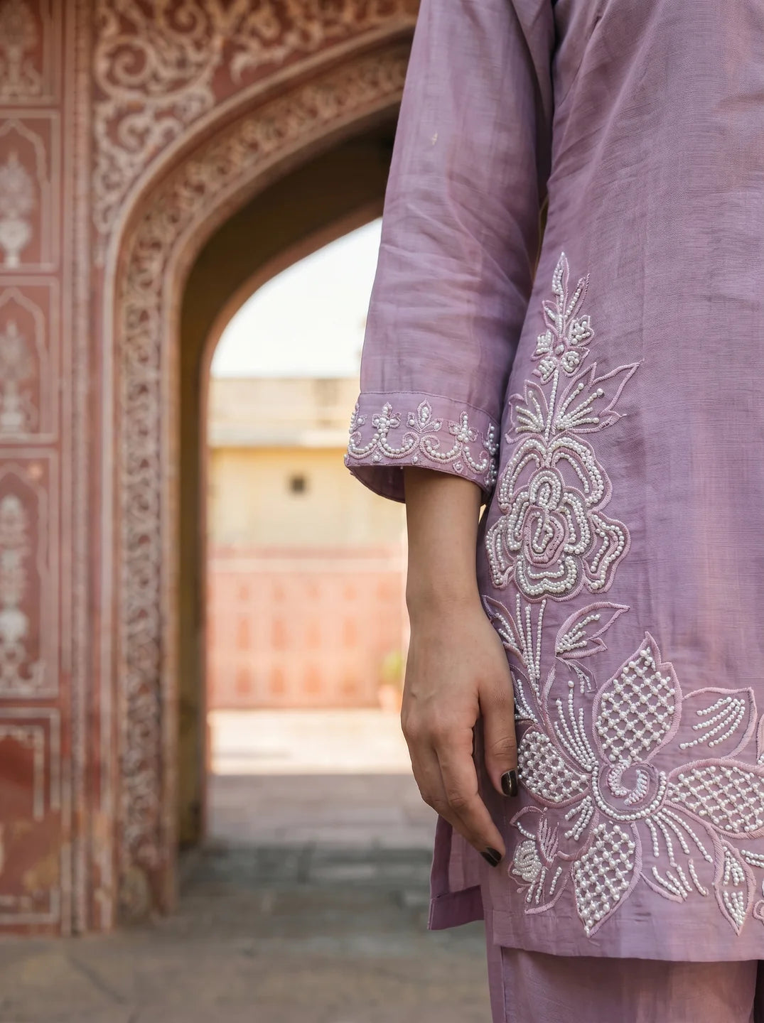 Lavender Beaded Embroidered Silk Blend Co-ord Set