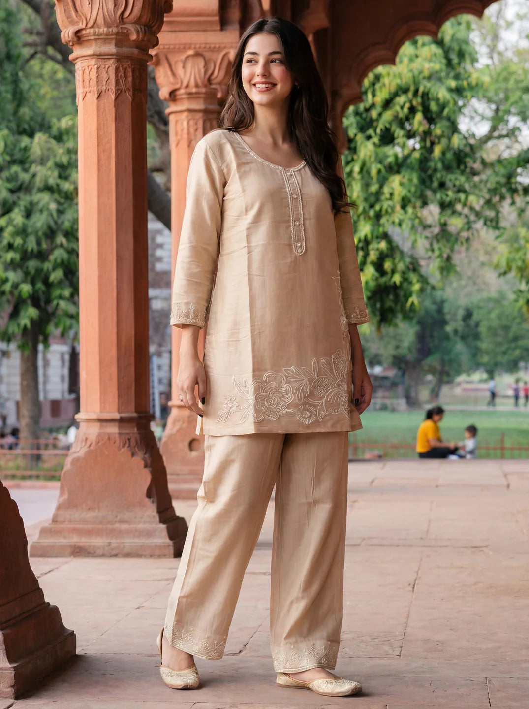 Beige Beaded Embroidered Silk Blend Co-ord Set