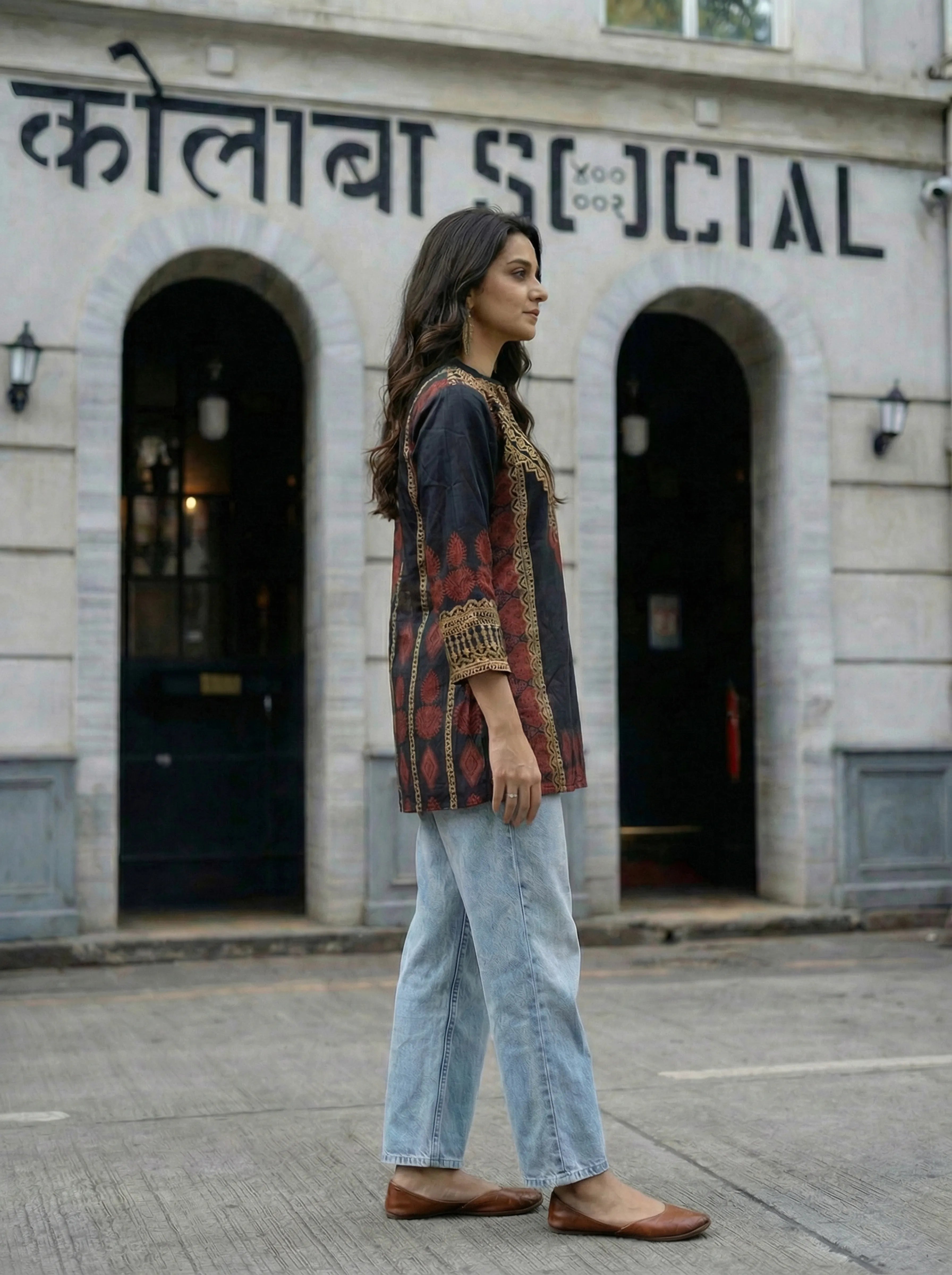 Black Printed Muslin Tunic with Ethnic Border Detailing