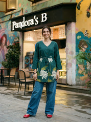 Dark Teal Floral Waist-Tie Tunic in Cotton