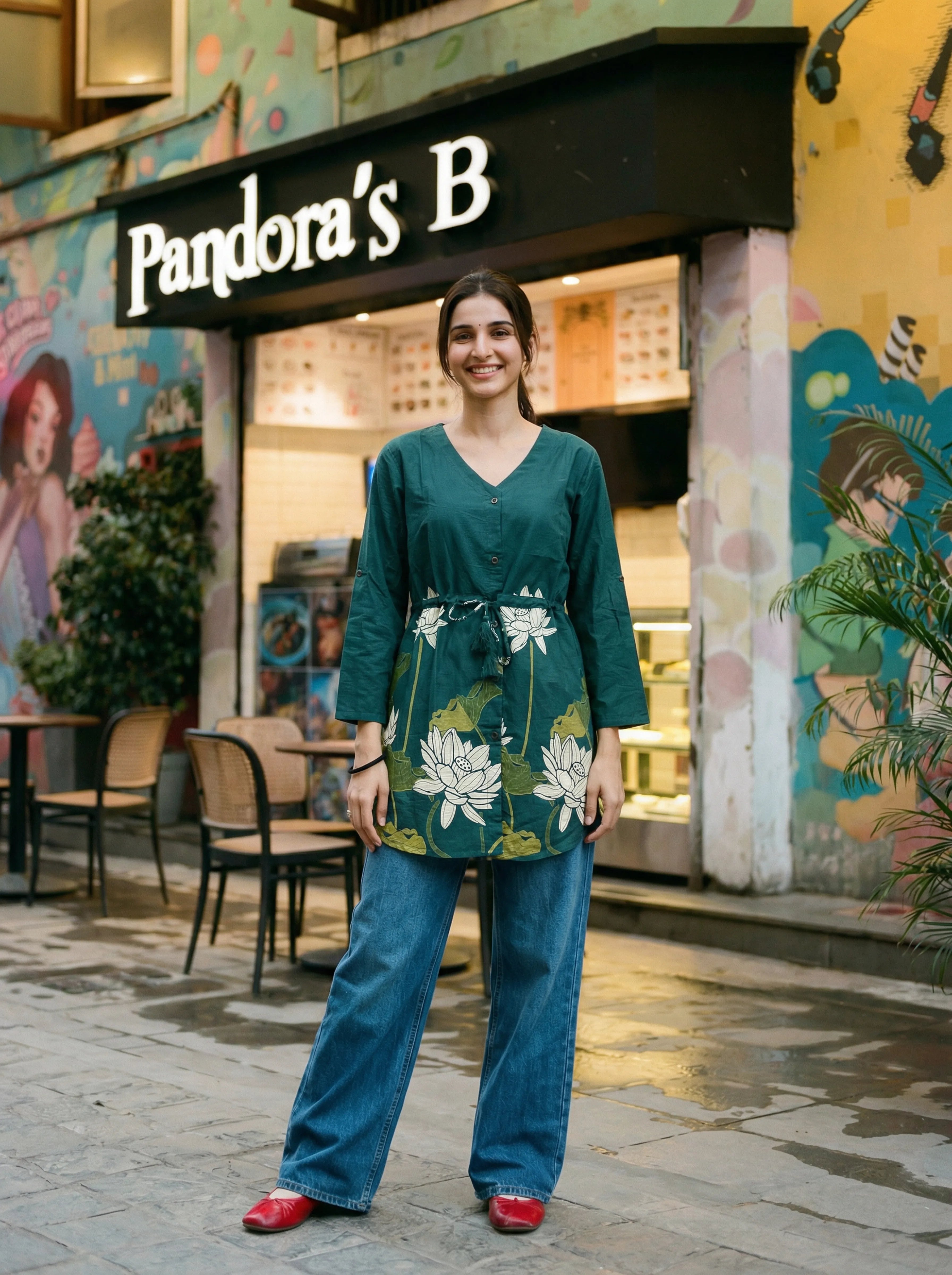 Dark Teal Floral Waist-Tie Tunic in Cotton