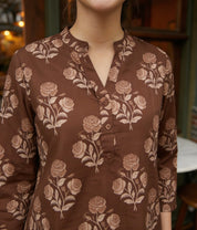 Brown Rose Motif Cotton Tunic