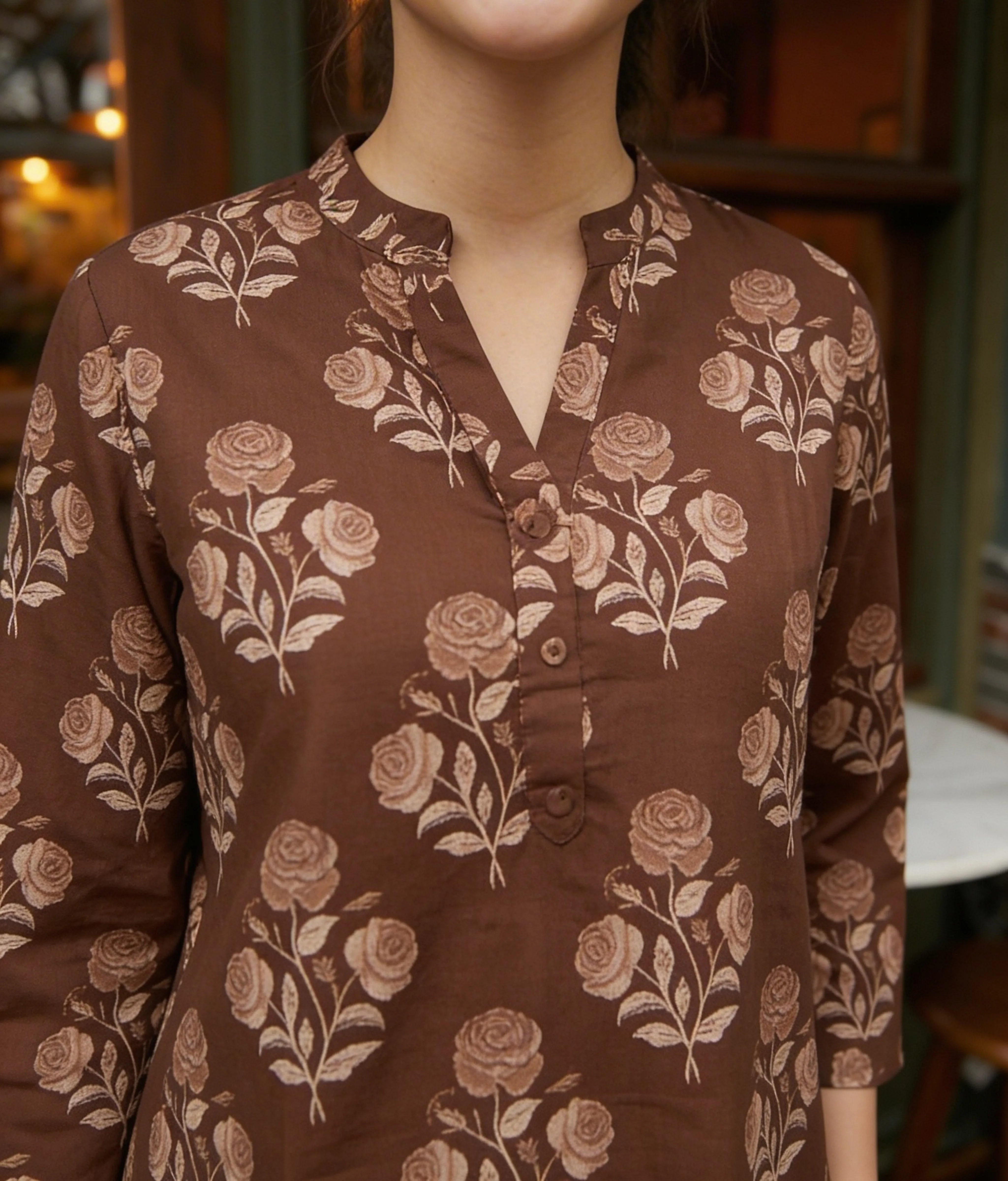 Brown Rose Motif Cotton Tunic