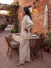 Beige Shirt Collar Pintuck Cotton Flex Co-ord Set with Floral Lace Detailing