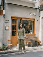 Green Shirt Collar Pintuck Cotton Flex Embroidered Co-ord Set