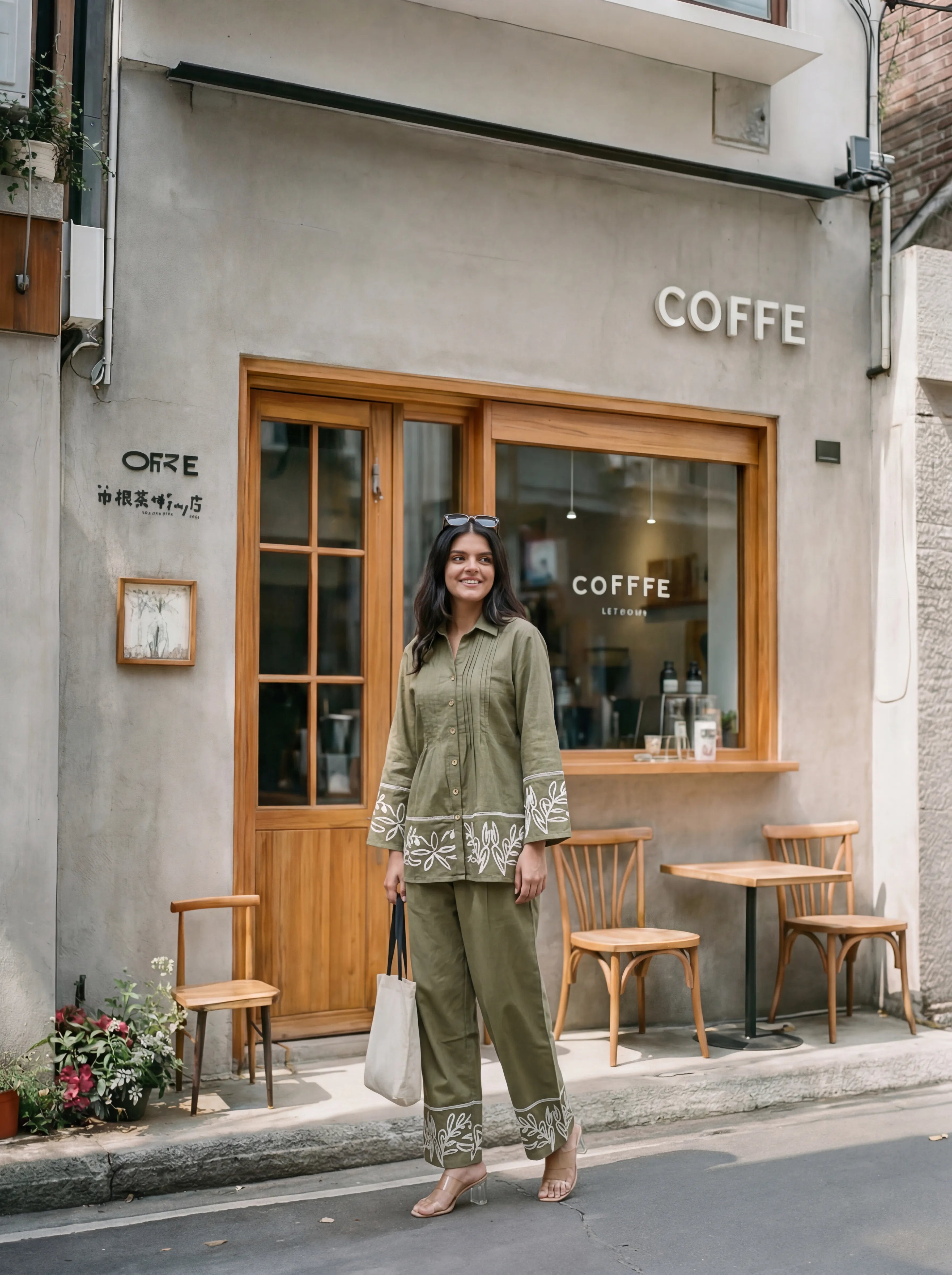 Green Shirt Collar Pintuck Cotton Flex Embroidered Co-ord Set