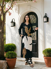 Black Botanical Print German Rayon Kurta Set with Lace and Mirror Work