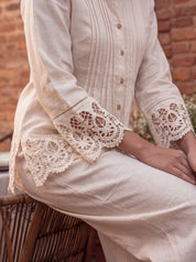 Beige Shirt Collar Pintuck Cotton Flex Co-ord Set with Floral Lace Detailing