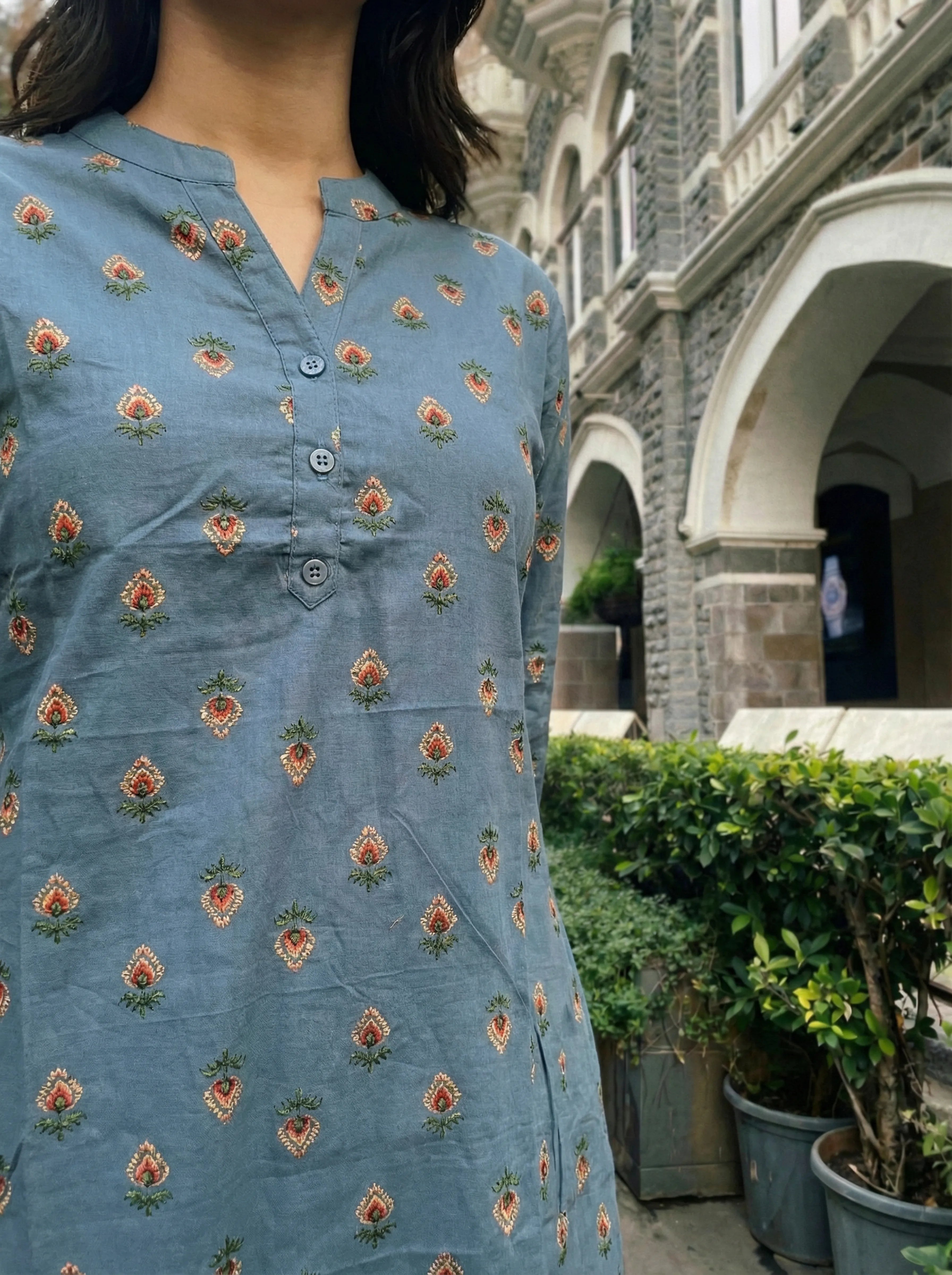 Bluish Grey Buti Cotton Tunic