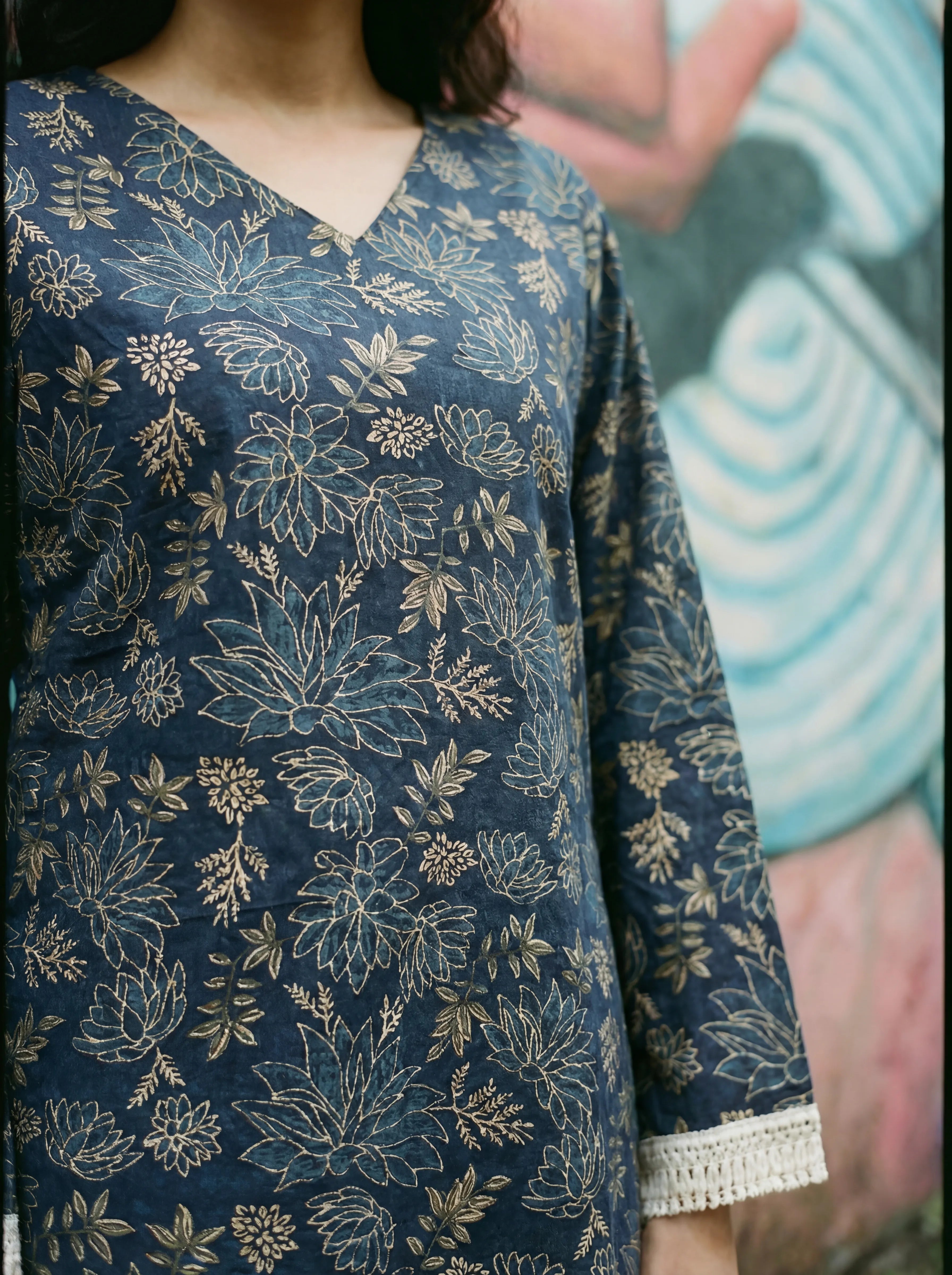 Dark Blue Lace Trim Cotton Tunic