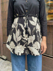 Black Floral Waist-Tie Tunic in Cotton