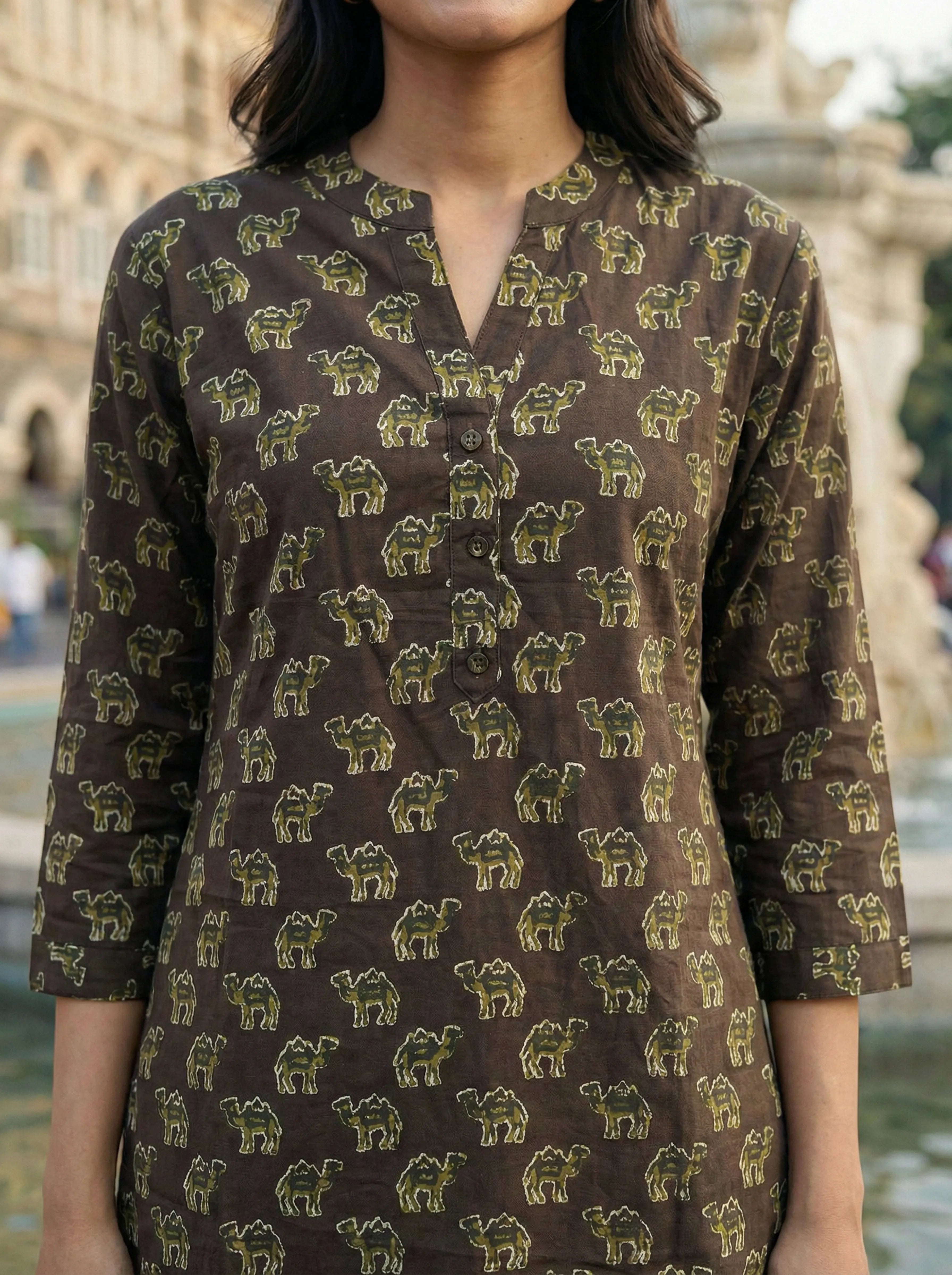 Coffee Brown Camel Motif Cotton Tunic