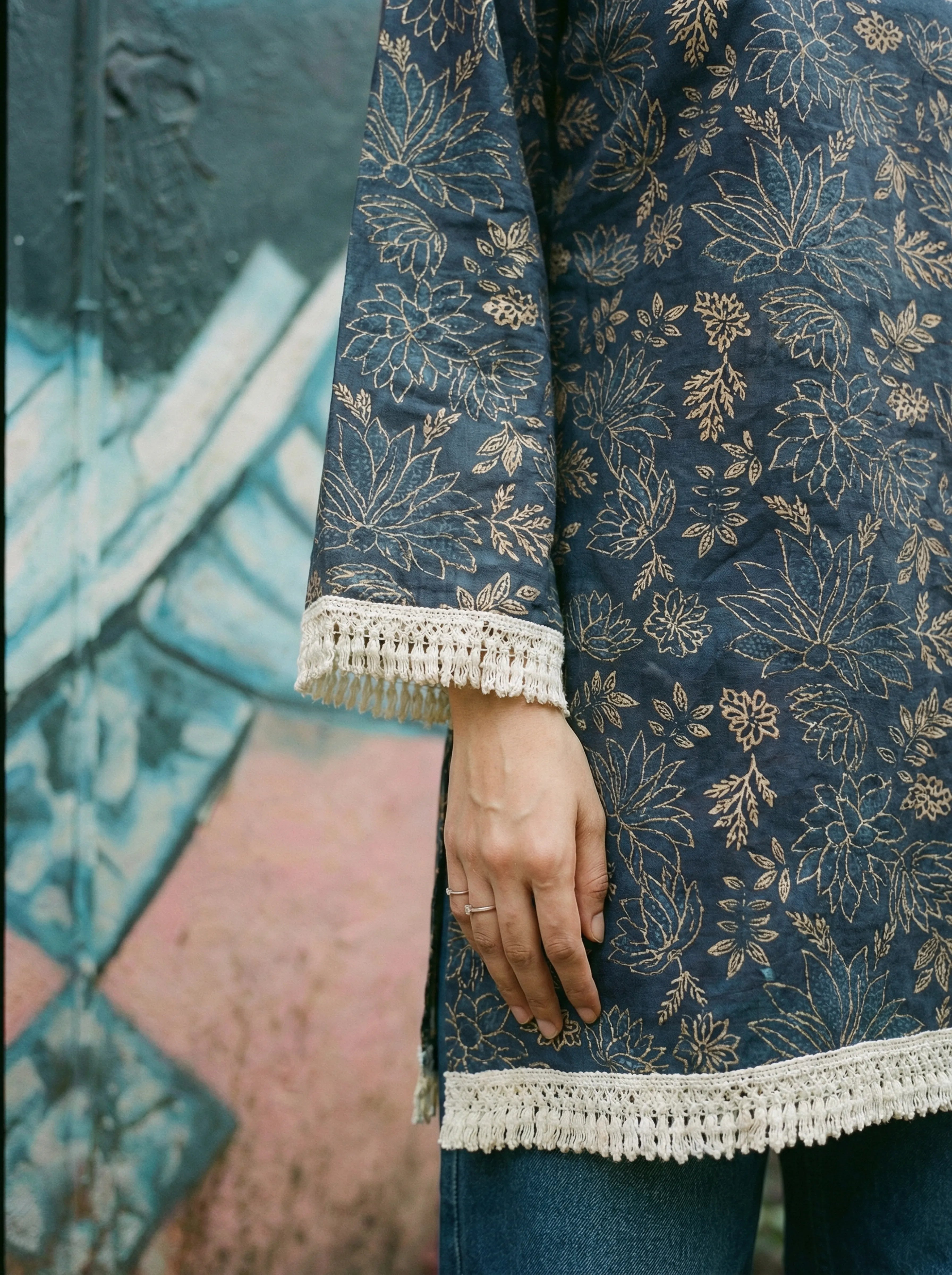 Dark Blue Lace Trim Cotton Tunic