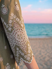 Sage Green A-Line Dress with Eyelet Detailing in Cotton Flex