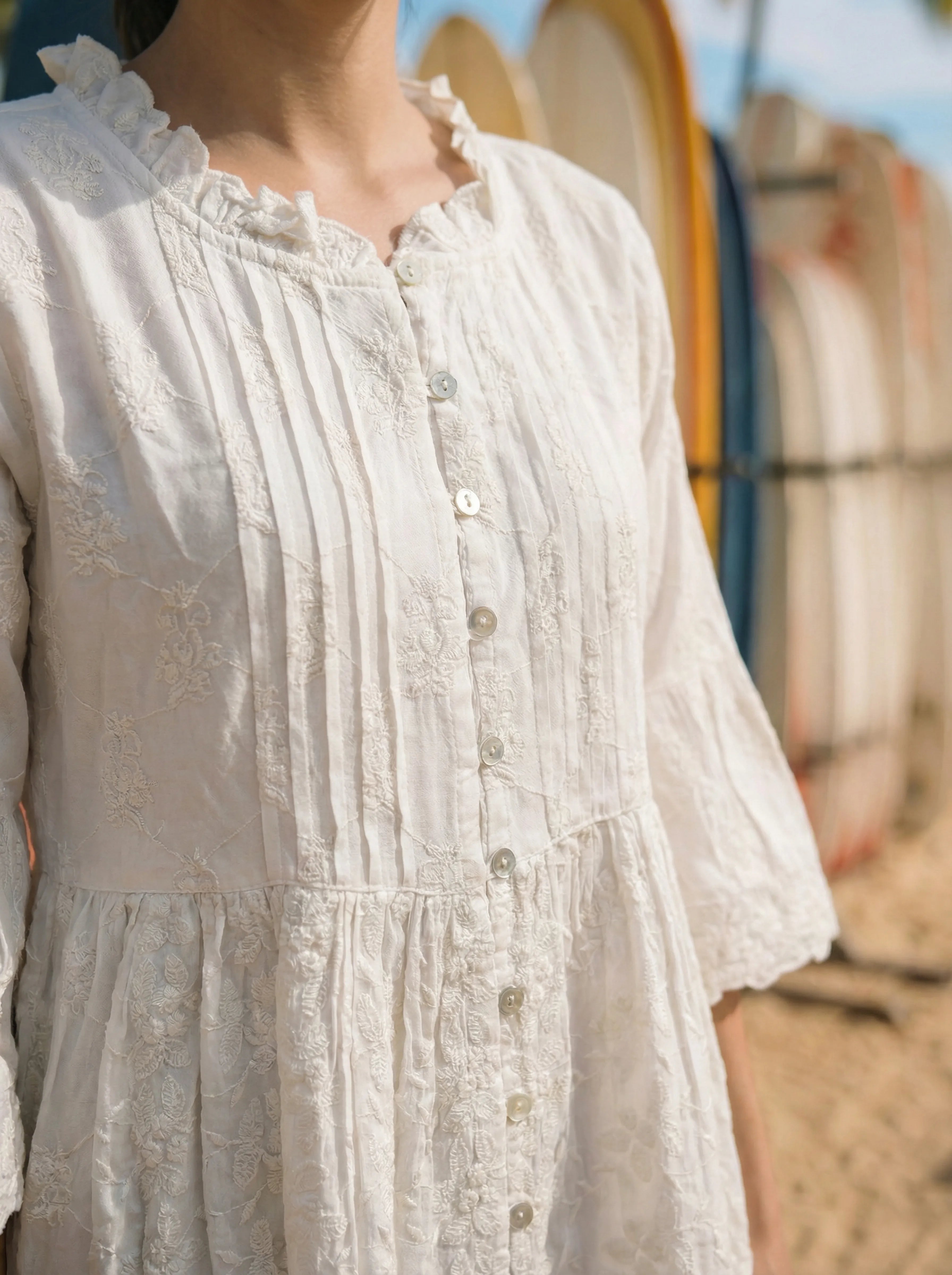 Off-White A-Line Dress with Pintuck Detailing in Rayan Staple