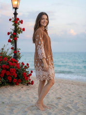 Brown A-Line Dress with Eyelet Detailing in Cotton Flex