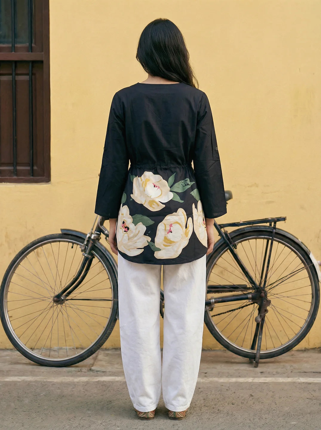 Black Floral Hem Cotton Tunic with Drawstring Waist