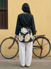 Black Floral Hem Cotton Tunic with Drawstring Waist
