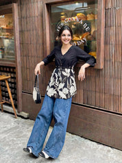 Black Floral Waist-Tie Tunic in Cotton