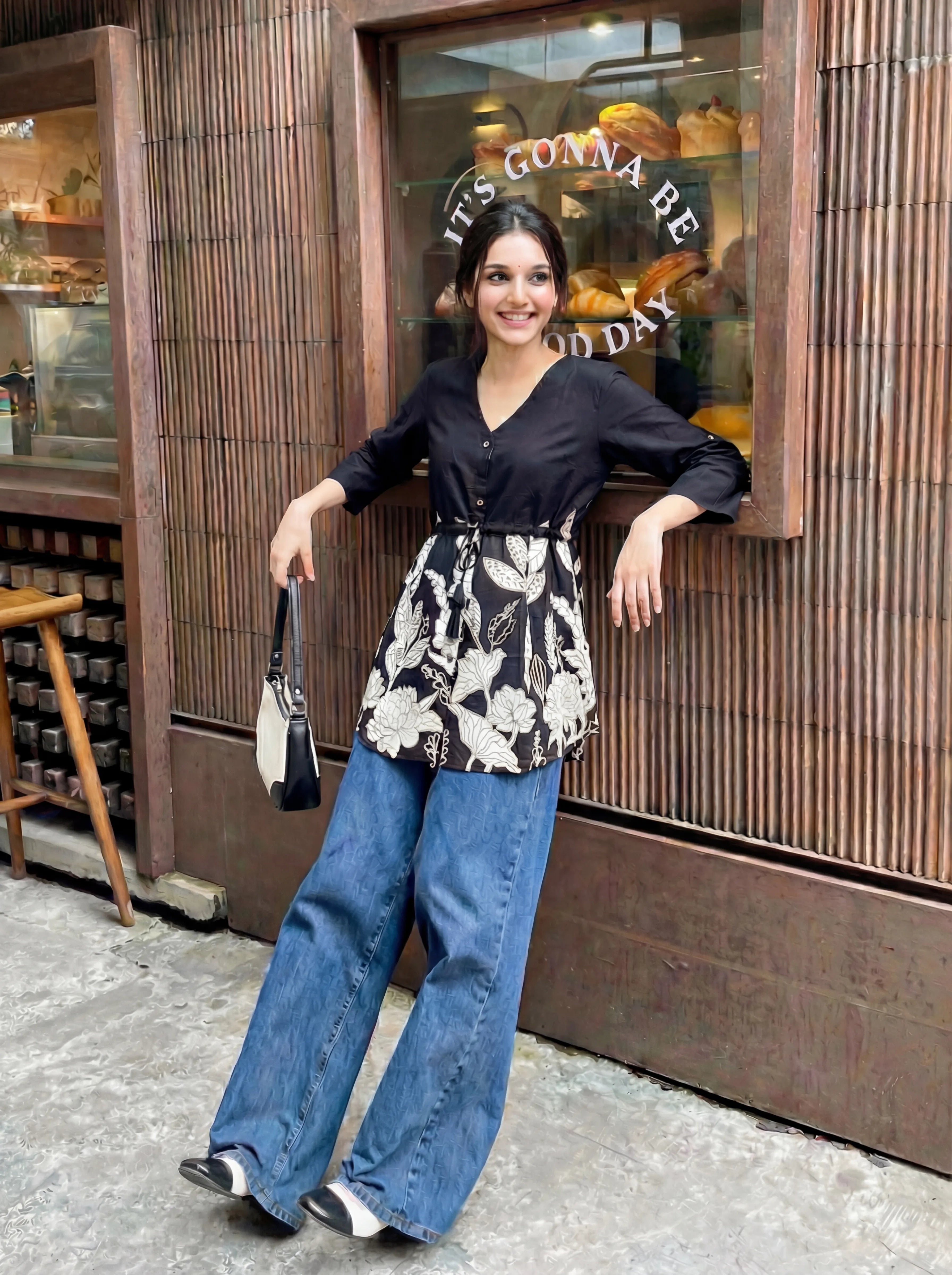 Black Floral Waist-Tie Tunic in Cotton