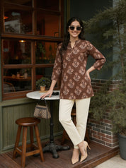 Brown Rose Motif Cotton Tunic