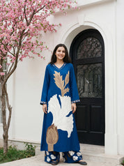 Blue Botanical Print German Rayon Kurta Set with Lace and Mirror Work