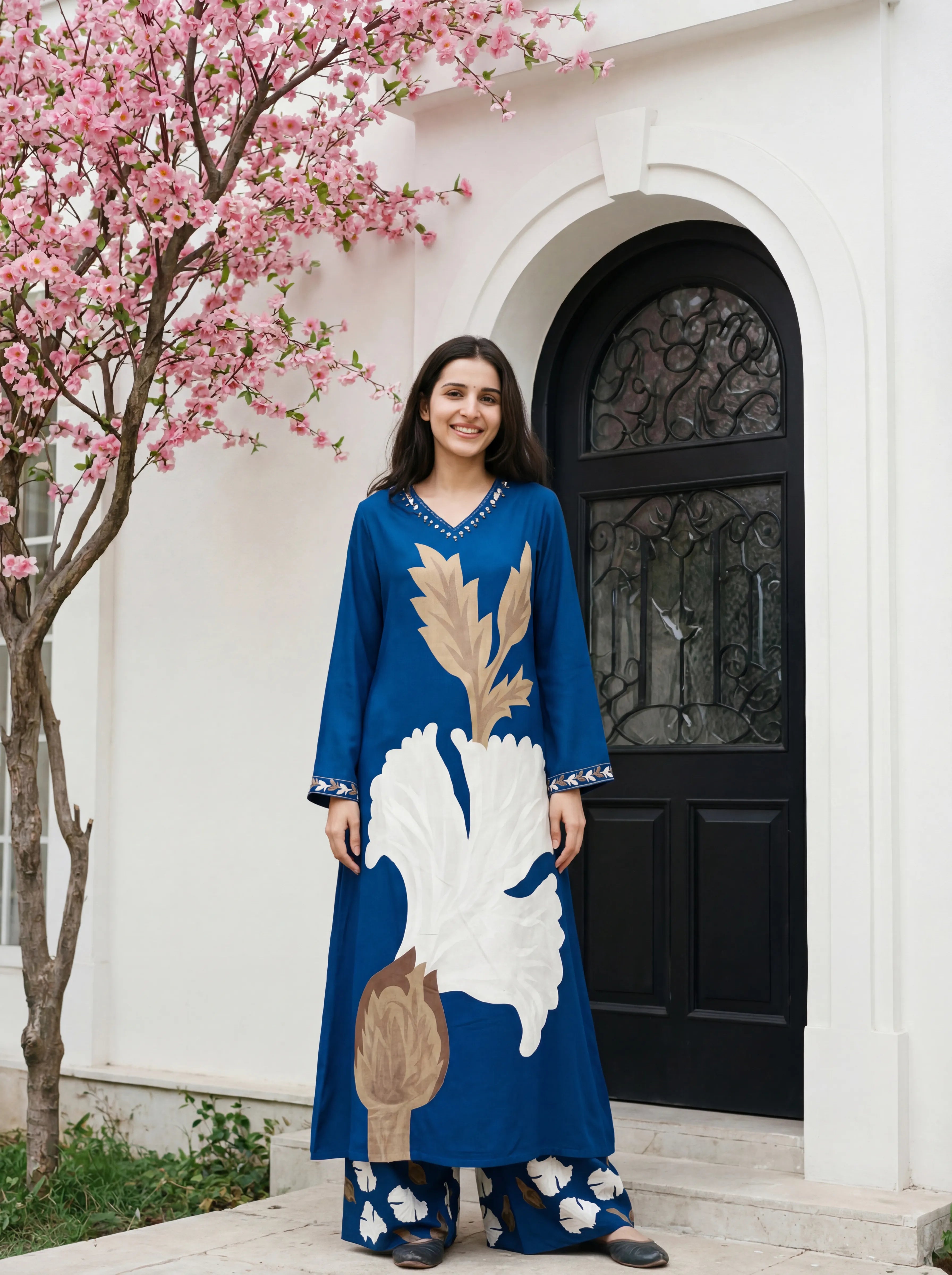 Blue Botanical Print German Rayon Kurta Set with Lace and Mirror Work