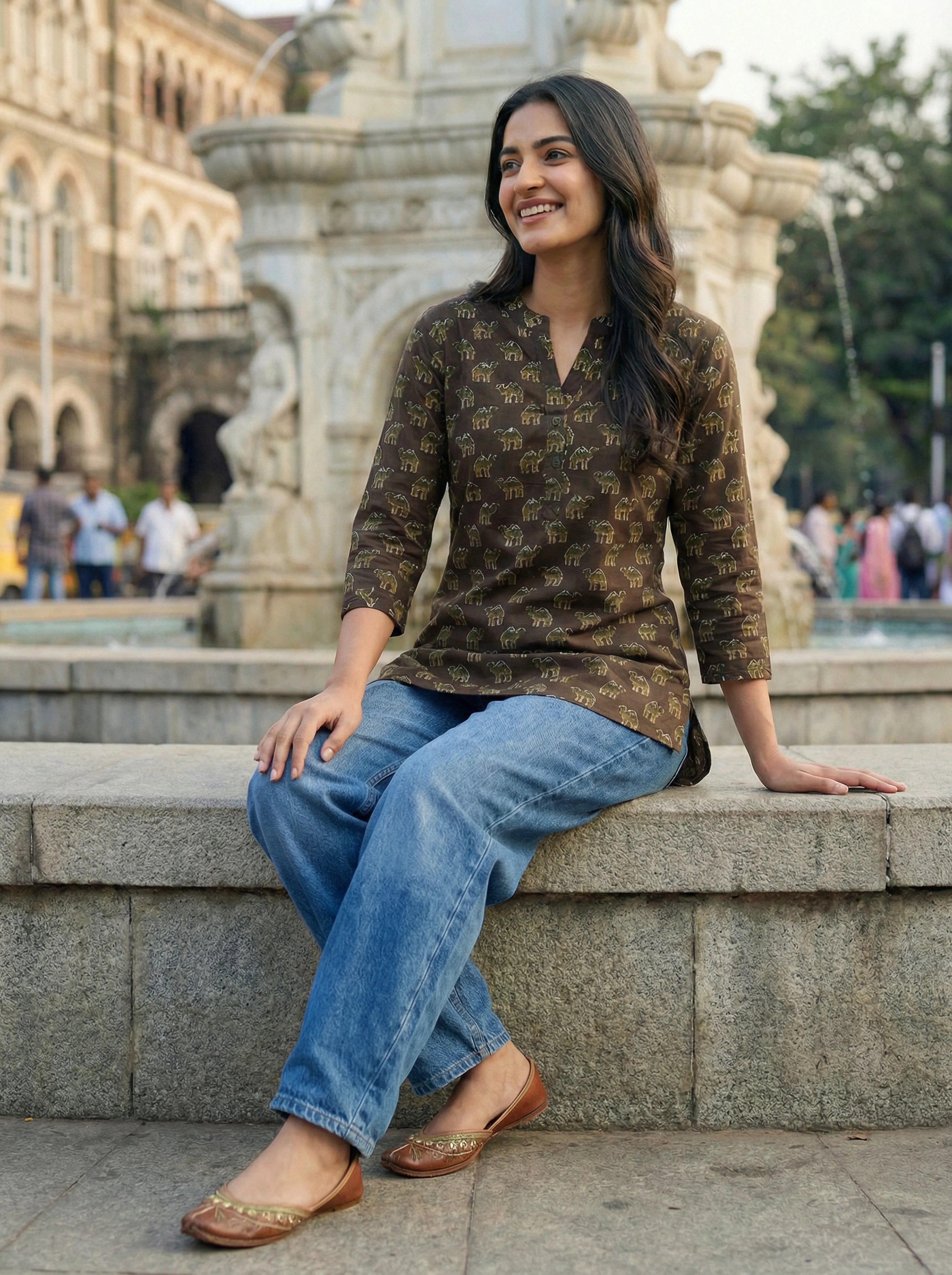 Coffee Brown Camel Motif Cotton Tunic
