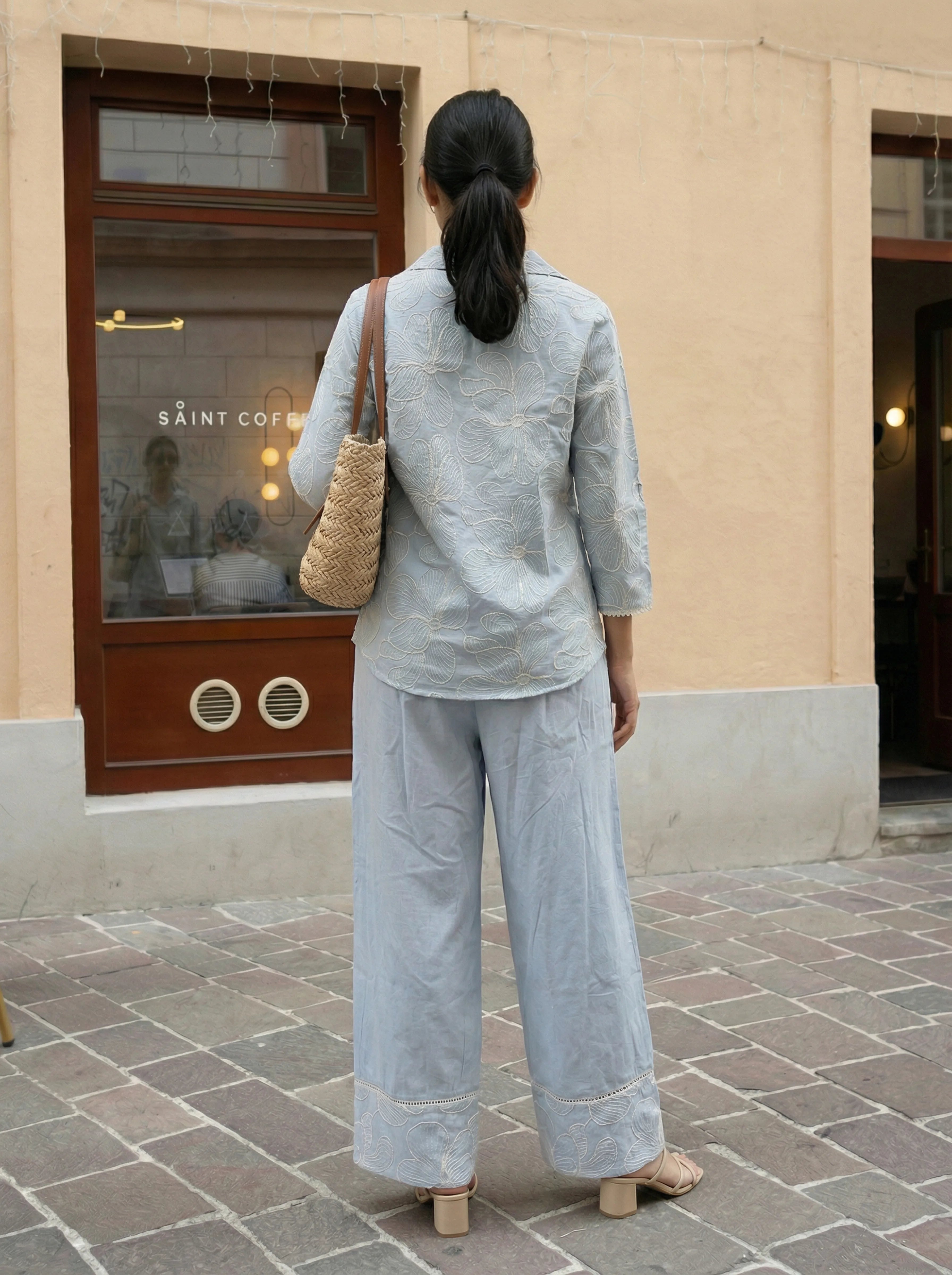 Blue Floral Embroidered Shirt Collar Cotton Flex Co-ord Set