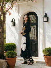 Black Botanical Print German Rayon Kurta Set with Lace and Mirror Work