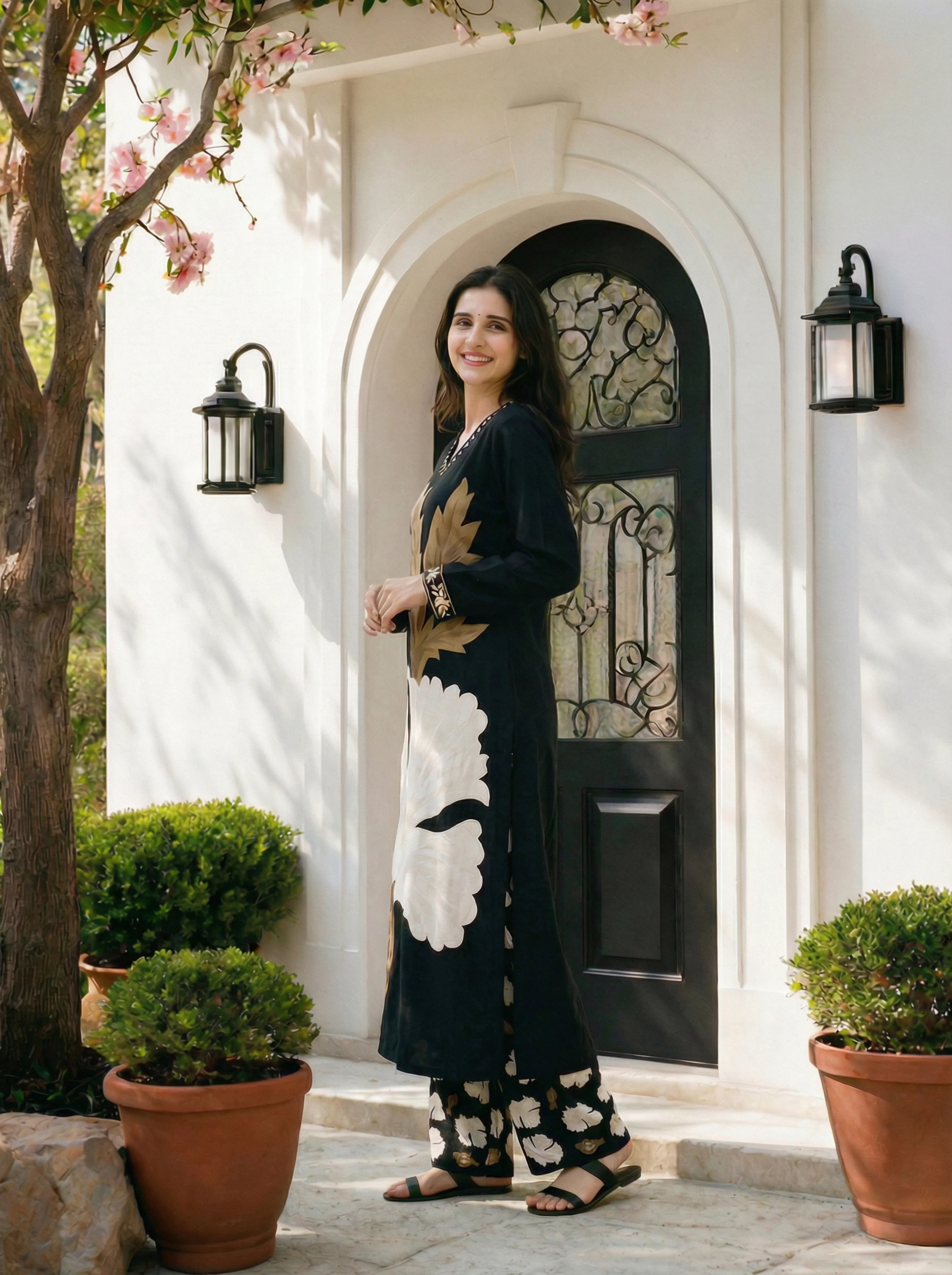 Black Botanical Print German Rayon Kurta Set with Lace and Mirror Work