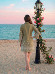 Sage Green A-Line Dress with Eyelet Detailing in Cotton Flex