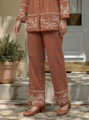 Brown Shirt Collar Pintuck Cotton Flex Co-ord Set with Thread Embroidery Detailing