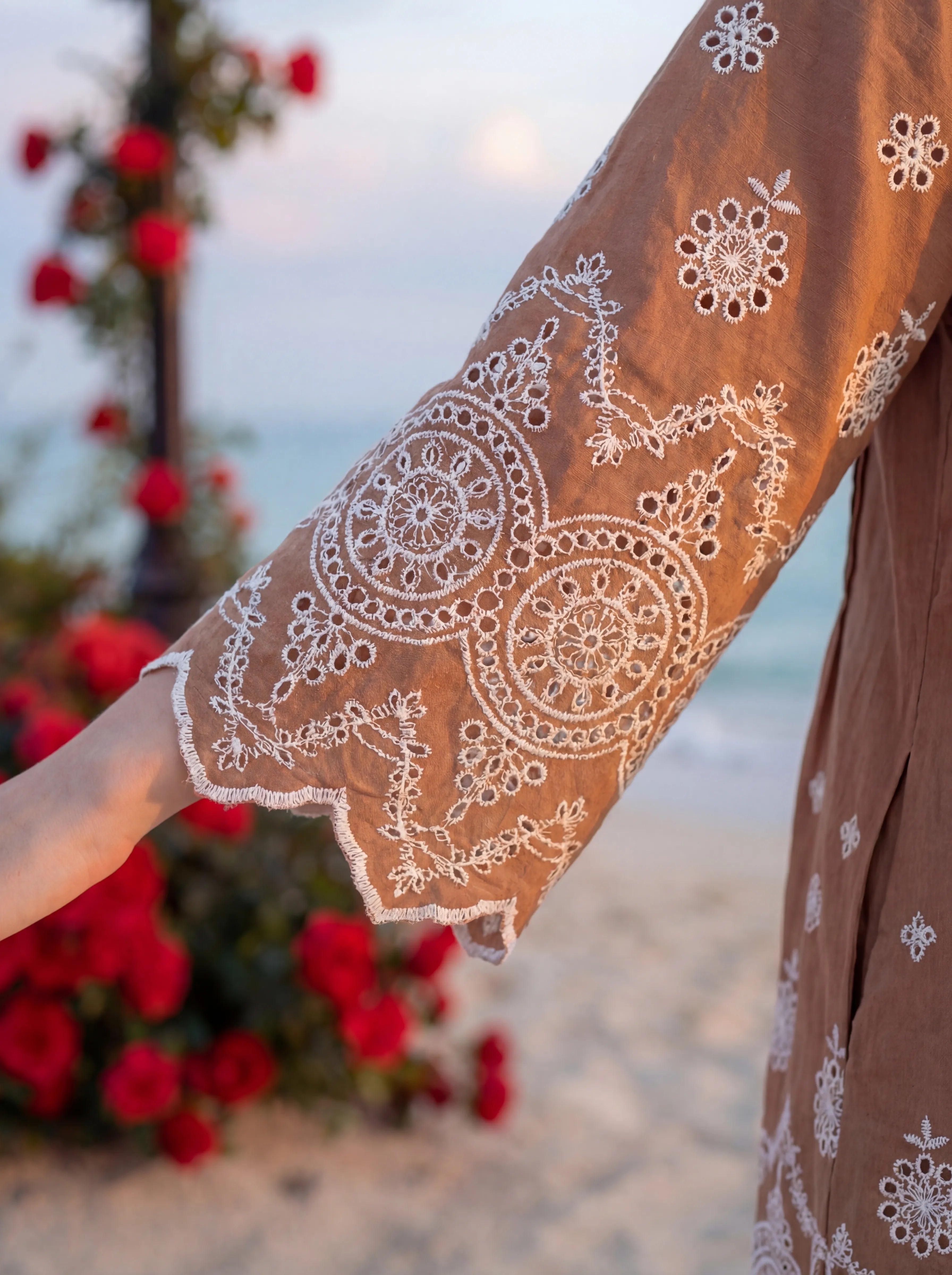 Brown A-Line Dress with Eyelet Detailing in Cotton Flex