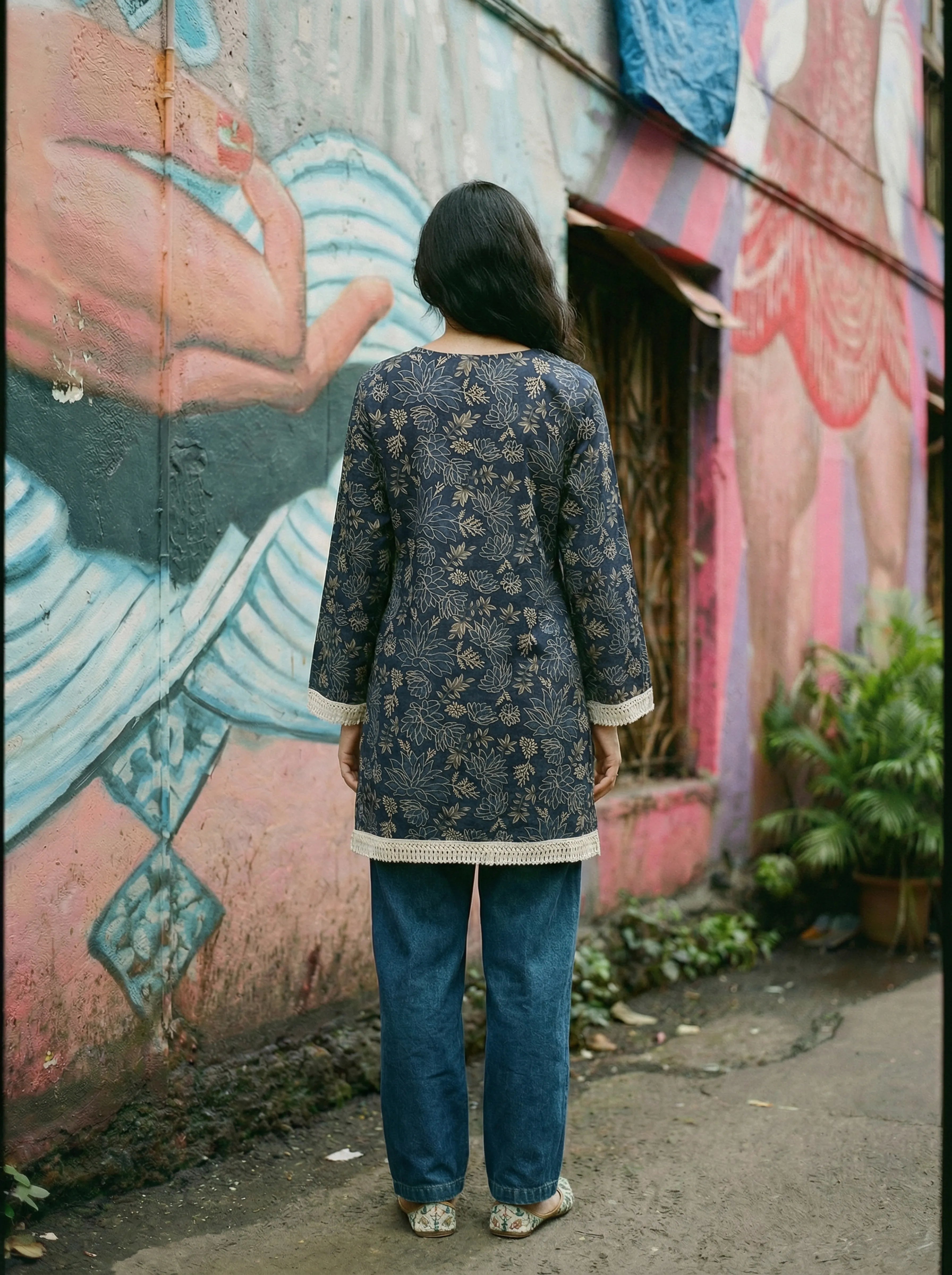 Dark Blue Lace Trim Cotton Tunic